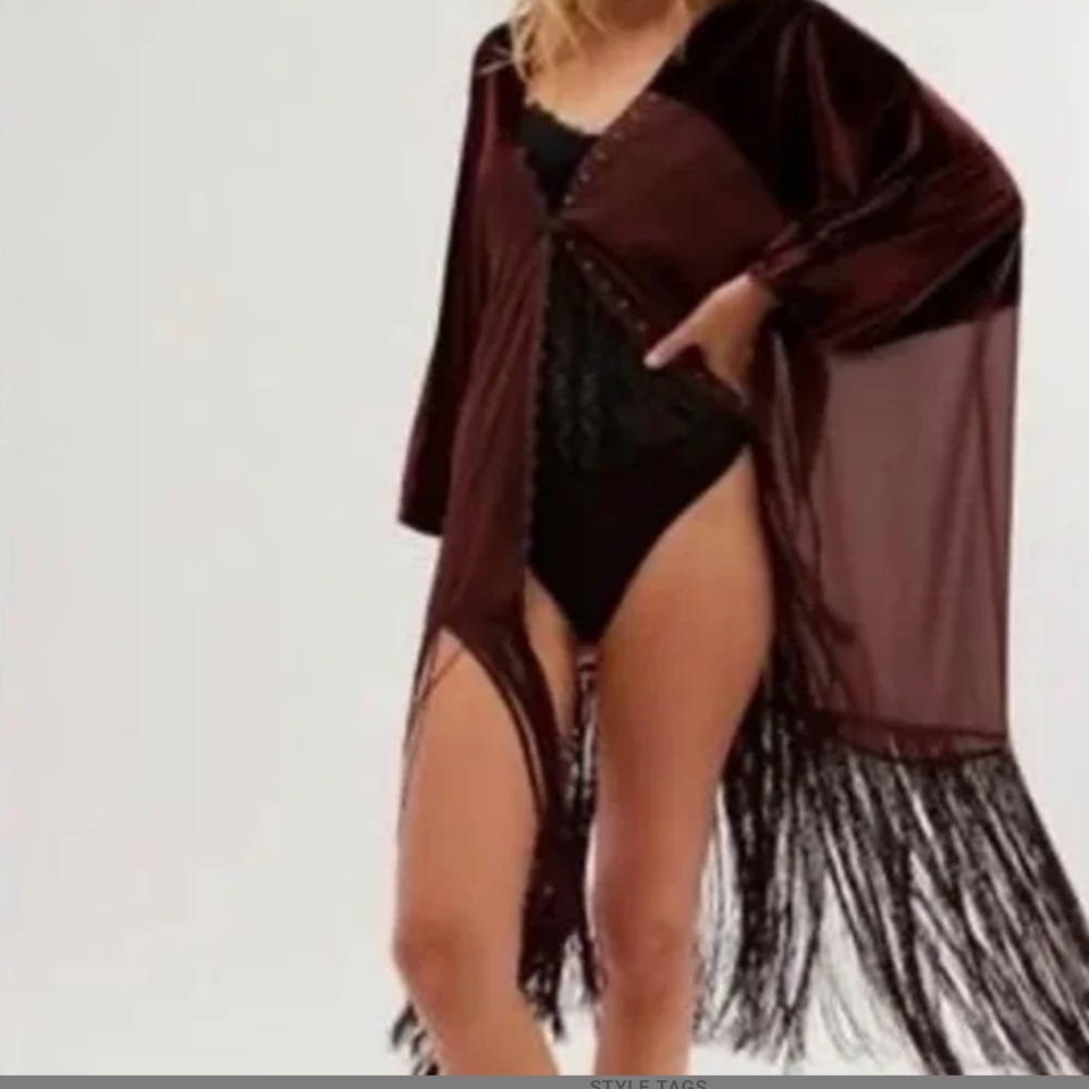 Free People Velvet Dreams Fringed Kimono in Aubergine OS - Picture 3 of 8